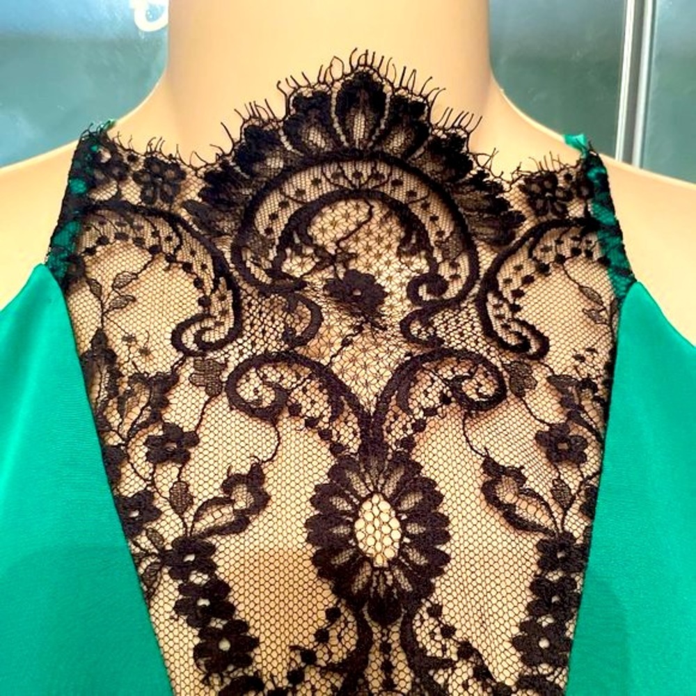 MASON emerald green LINGERIE lace SILK slip dress GOWN thigh slit Size 0 XS